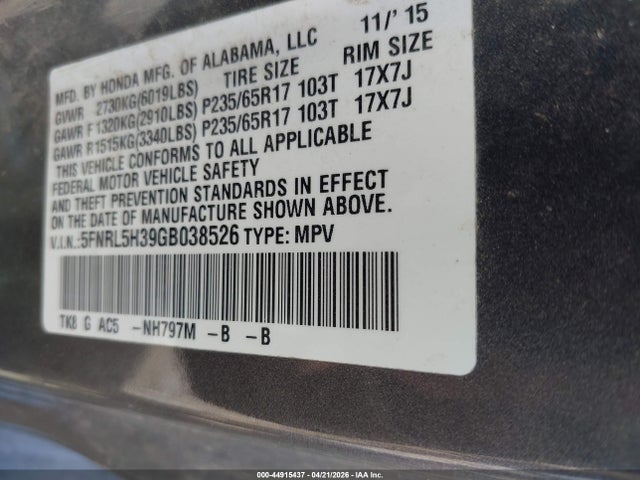 Honda ODYSSEY SE 2016 5FNRL5H39GB038526 Image 9