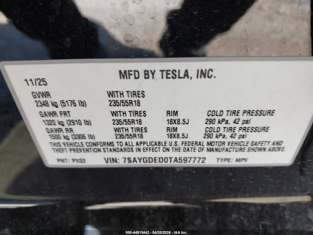 2026 Tesla Model Y Premium Rear-wheel Drive/standard Rear-wheel Drive მანქანა იყიდება აუქციონზე, vin: 7SAYGDED0TA597772, აუქციონის ნომერი: 44915442