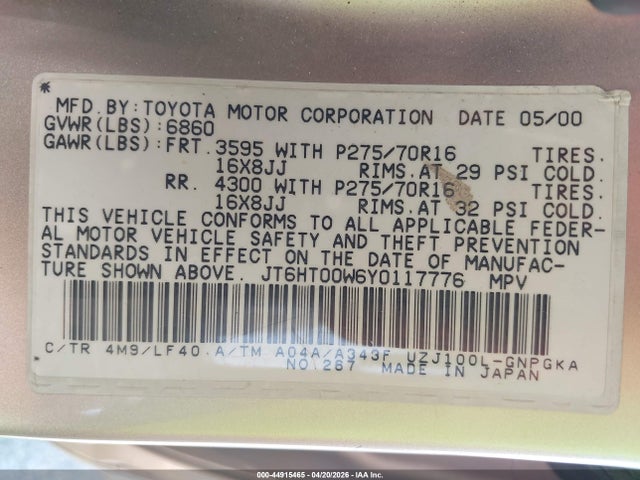44915465 :رقم المزاد ، JT6HT00W6Y0117776 vin ، 2000 Lexus Lx 470 مزاد بيع