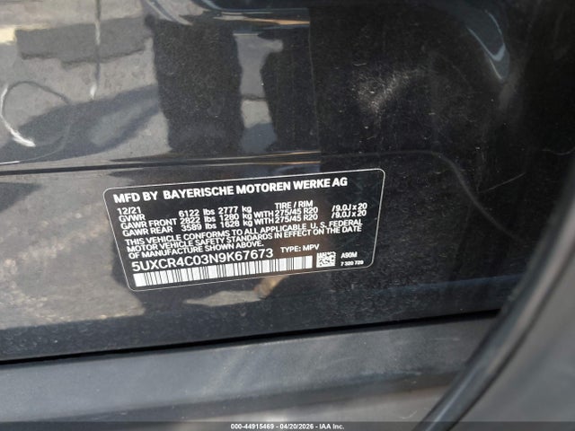 44915469 :رقم المزاد ، 5UXCR4C03N9K67673 vin ، 2022 Bmw X5 Sdrive40i مزاد بيع