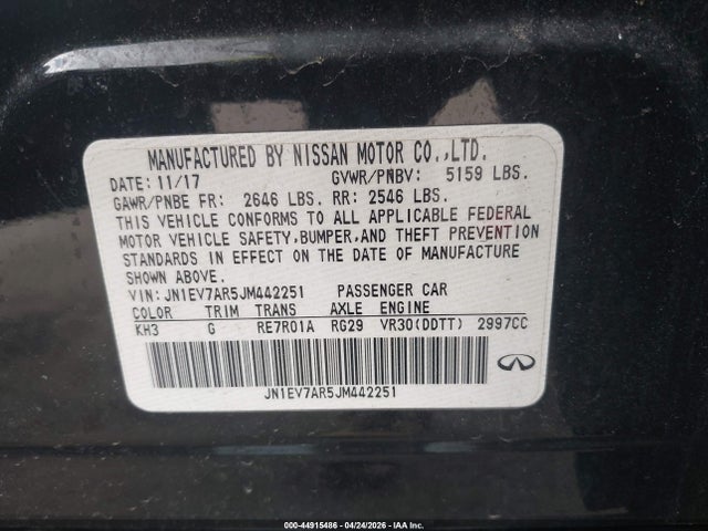 44915486 :رقم المزاد ، JN1EV7AR5JM442251 vin ، 2018 Infiniti Q50 3.0t Luxe مزاد بيع