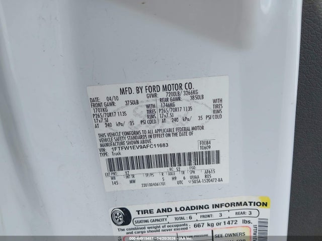 44915487 :رقم المزاد ، 1FTFW1EV9AFC11683 vin ، 2010 Ford F-150 Fx4/harley-davidson/king Ranch/lariat/platinum/xl/xlt مزاد بيع