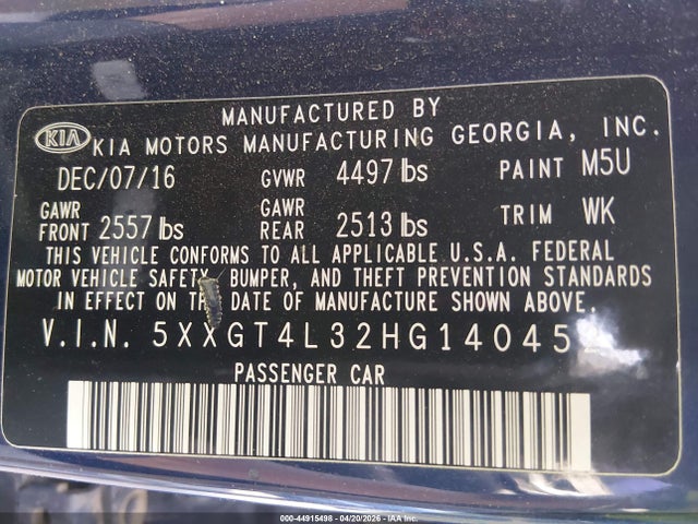 44915498 :رقم المزاد ، 5XXGT4L32HG140452 vin ، 2017 Kia Optima Lx مزاد بيع