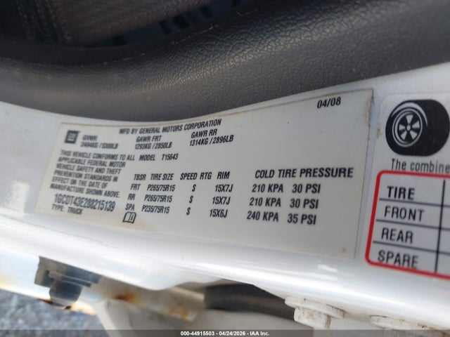 44915503 :رقم المزاد ، 1GCDT43E288215139 vin ، 2008 Chevrolet Colorado Lt مزاد بيع