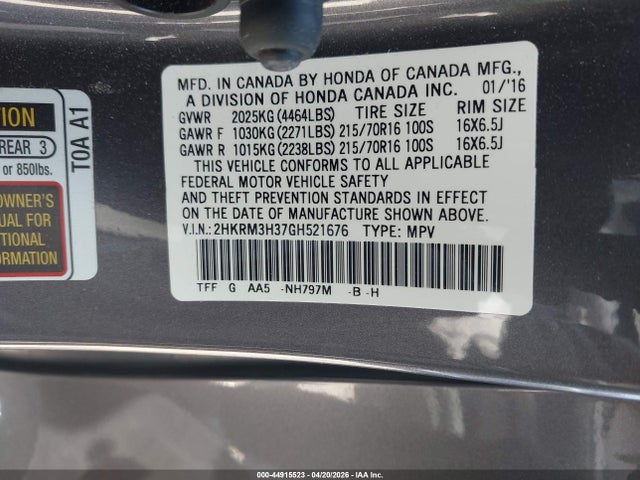 Aukcja sprzedaży 2016 Honda Cr-v Lx, vin: 2HKRM3H37GH521676, numer aukcji: 44915523