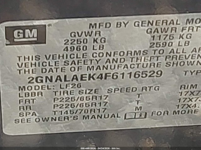 Aukcja sprzedaży 2015 Chevrolet Equinox Ls, vin: 2GNALAEK4F6116529, numer aukcji: 44915526