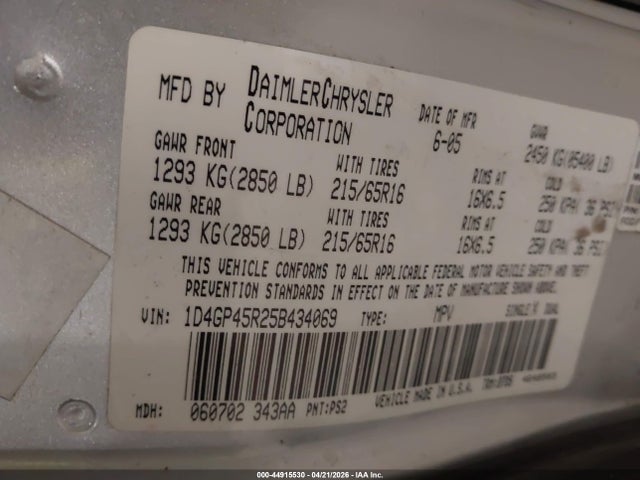 2005 Dodge Caravan Sxt მანქანა იყიდება აუქციონზე, vin: 1D4GP45R25B434069, აუქციონის ნომერი: 44915530