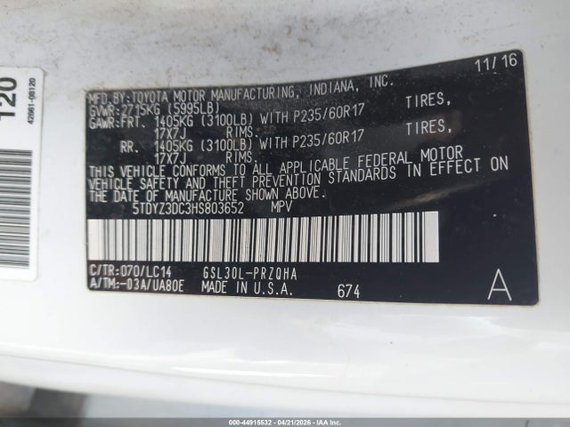 Продажа на аукционе авто 2017 Toyota Sienna Xle Premium 8 Passenger, vin: 5TDYZ3DC3HS803652, номер лота: 44915532