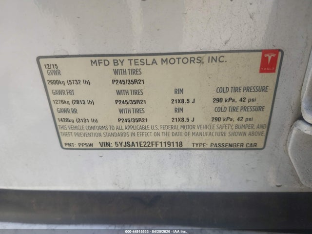 Aukcja sprzedaży 2015 Tesla Model S, vin: 5YJSA1E22FF119118, numer aukcji: 44915533