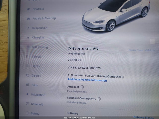 Продаж на аукціоні авто 2020 Tesla Model S, vin: 5YJSA1E25LF365673, номер лоту: 44915539