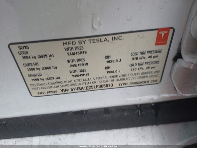 Продаж на аукціоні авто 2020 Tesla Model S, vin: 5YJSA1E25LF365673, номер лоту: 44915539