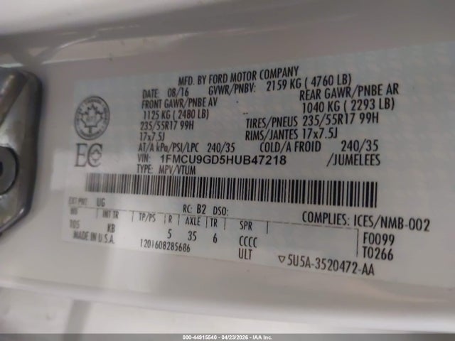 Aukcja sprzedaży 2017 Ford Escape Se, vin: 1FMCU9GD5HUB47218, numer aukcji: 44915540