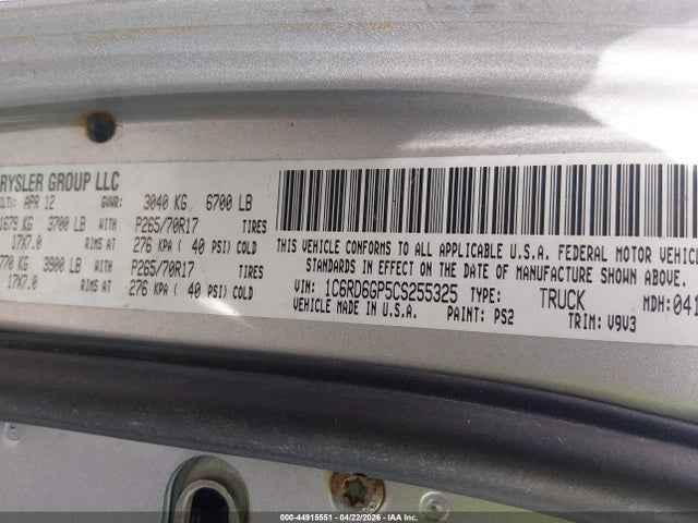 Aukcja sprzedaży 2012 Ram 1500 Slt, vin: 1C6RD6GP5CS255325, numer aukcji: 44915551