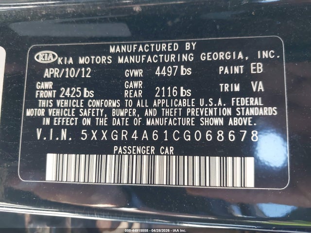 Aukcja sprzedaży 2012 Kia Optima Sx, vin: 5XXGR4A61CG068678, numer aukcji: 44915558