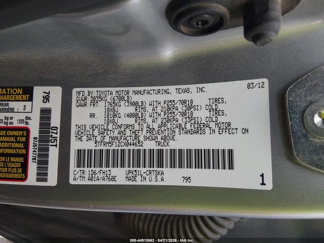 2012 Toyota Tundra Grade 4.6l V8 მანქანა იყიდება აუქციონზე, vin: 5TFRM5F12CX044652, აუქციონის ნომერი: 44915562