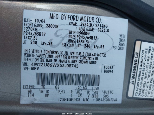 Продажа на аукционе авто 2005 Mercury Mountaineer, vin: 4M2ZU86WX5ZJ08743, номер лота: 44915564