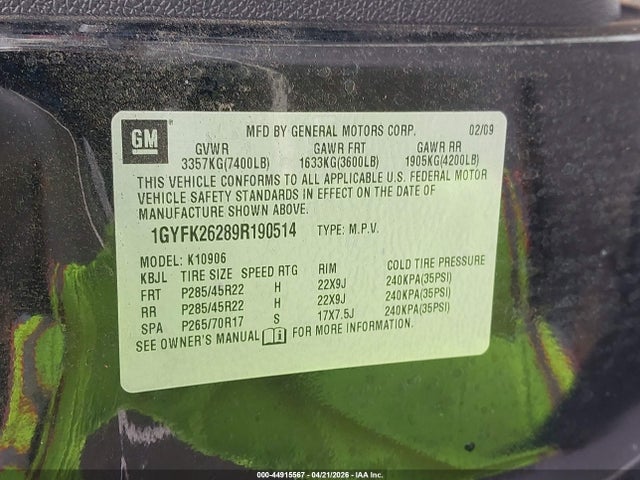 Продажа на аукционе авто 2009 Cadillac Escalade Esv Standard, vin: 1GYFK26289R190514, номер лота: 44915567