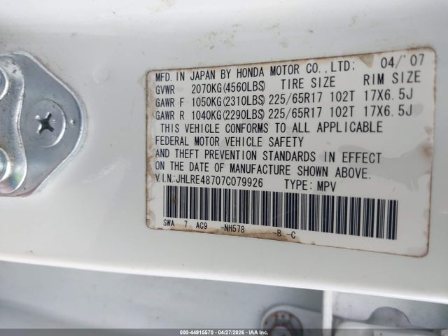 2007 Honda Cr-v Ex-l მანქანა იყიდება აუქციონზე, vin: JHLRE48707C079926, აუქციონის ნომერი: 44915570