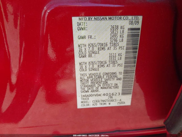 Aukcja sprzedaży 2010 Nissan Frontier Se, vin: 1N6AD0FV0AC401623, numer aukcji: 44915603