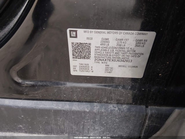 Продажа на аукционе авто 2018 Chevrolet Equinox Lt, vin: 2GNAXTEX0J6342913, номер лота: 44915604