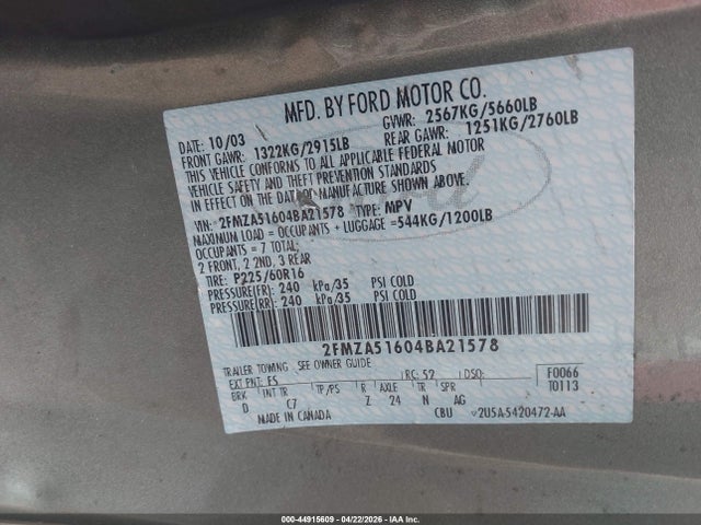Продаж на аукціоні авто 2004 Ford Freestar Se, vin: 2FMZA51604BA21578, номер лоту: 44915609