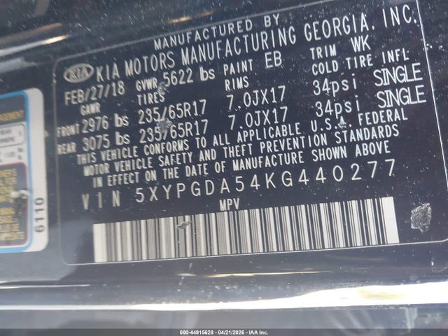 5XYPGDA54KG440277 KIA Sorento 3.3l Lx