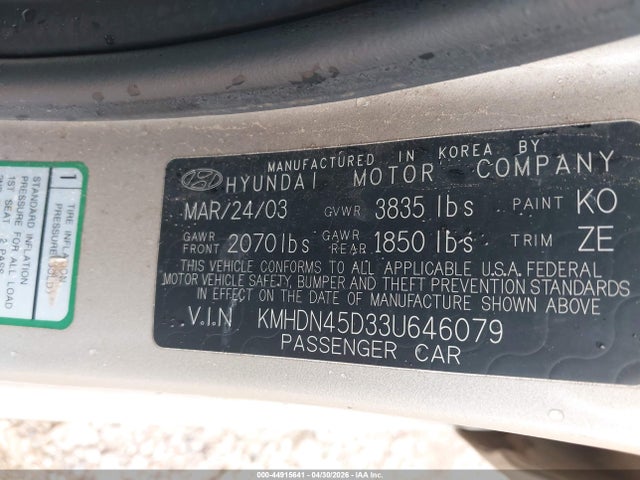 Aukcja sprzedaży 2003 Hyundai Elantra Gls/gt, vin: KMHDN45D33U646079, numer aukcji: 44915641