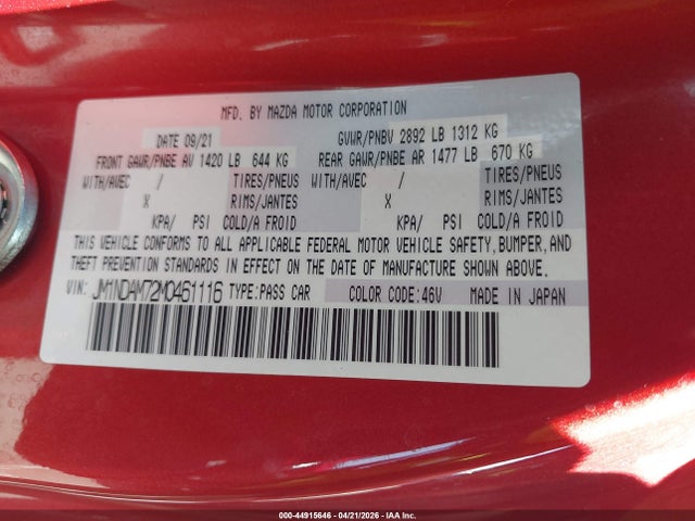 Продажа на аукционе авто 2021 Mazda Mx-5 Miata Rf Grand Touring, vin: JM1NDAM72M0461116, номер лота: 44915646