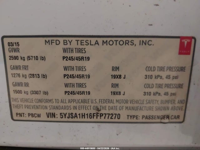 Aukcja sprzedaży 2015 Tesla Model S 60/70/85, vin: 5YJSA1H16FFP77270, numer aukcji: 44915650