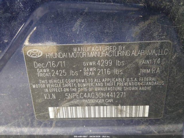 Aukcja sprzedaży 2012 Hyundai Sonata Limited, vin: 5NPEC4AC3CH441271, numer aukcji: 44915657