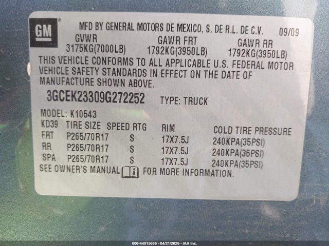 44915666 :رقم المزاد ، 3GCEK23309G272252 vin ، 2009 Chevrolet Silverado 1500 Lt مزاد بيع