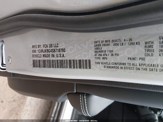 Aukcja sprzedaży 2025 Jeep Grand Cherokee L Limited 4x4, vin: 1C4RJKBG4S8718780, numer aukcji: 44915667