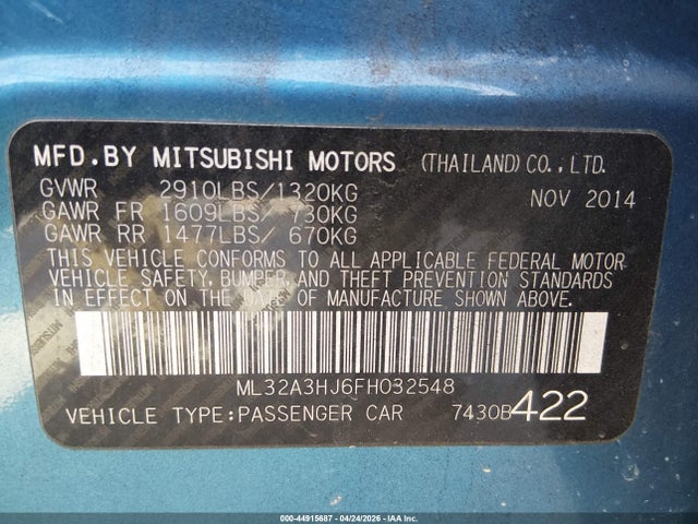 Aukcja sprzedaży 2015 Mitsubishi Mirage De/rf, vin: ML32A3HJ6FH032548, numer aukcji: 44915687