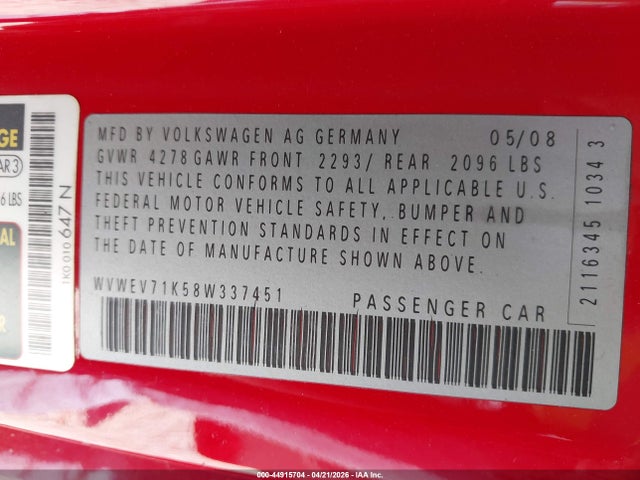 Aukcja sprzedaży 2008 Volkswagen Gti 2-door, vin: WVWEV71K58W337451, numer aukcji: 44915704