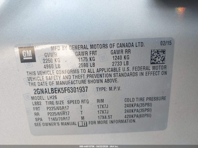 2015 Chevrolet Equinox 1lt მანქანა იყიდება აუქციონზე, vin: 2GNALBEK5F6301937, აუქციონის ნომერი: 44915706