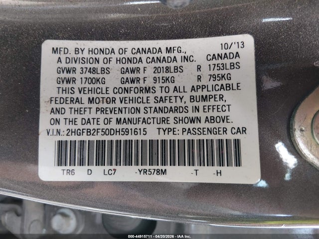 Продаж на аукціоні авто 2013 Honda Civic Lx, vin: 2HGFB2F50DH591615, номер лоту: 44915711