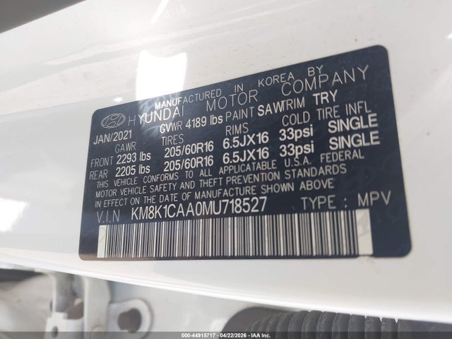 Продаж на аукціоні авто 2021 Hyundai Kona Se, vin: KM8K1CAA0MU718527, номер лоту: 44915717