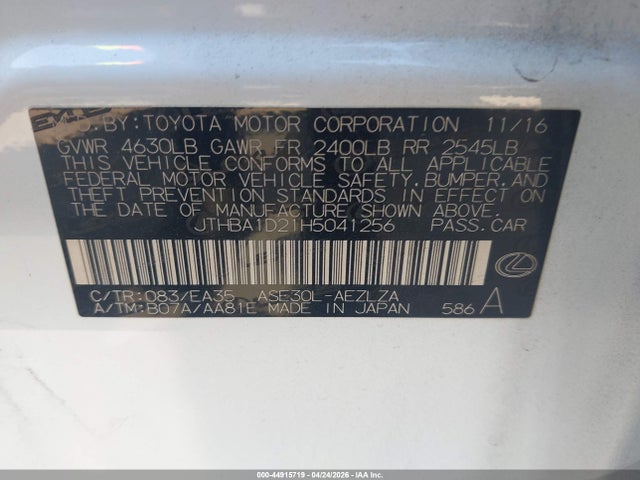 2017 Lexus Is 200t მანქანა იყიდება აუქციონზე, vin: JTHBA1D21H5041256, აუქციონის ნომერი: 44915719