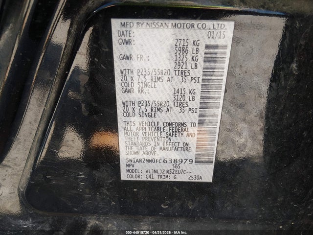 2015 Nissan Pathfinder Platinum მანქანა იყიდება აუქციონზე, vin: 5N1AR2MM0FC638979, აუქციონის ნომერი: 44915720