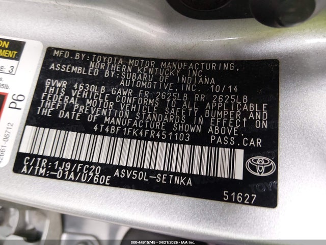 Toyota CAMRY LE 2015 4T4BF1FK4FR451103 Image 9