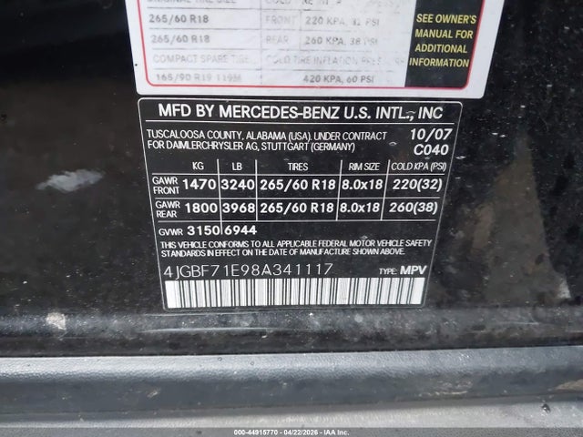 Aukcja sprzedaży 2008 Mercedes-benz Gl 450 4matic, vin: 4JGBF71E98A341117, numer aukcji: 44915770