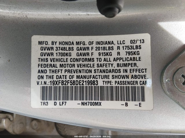2013 Honda Civic Lx მანქანა იყიდება აუქციონზე, vin: 19XFB2F58DE219983, აუქციონის ნომერი: 44915787