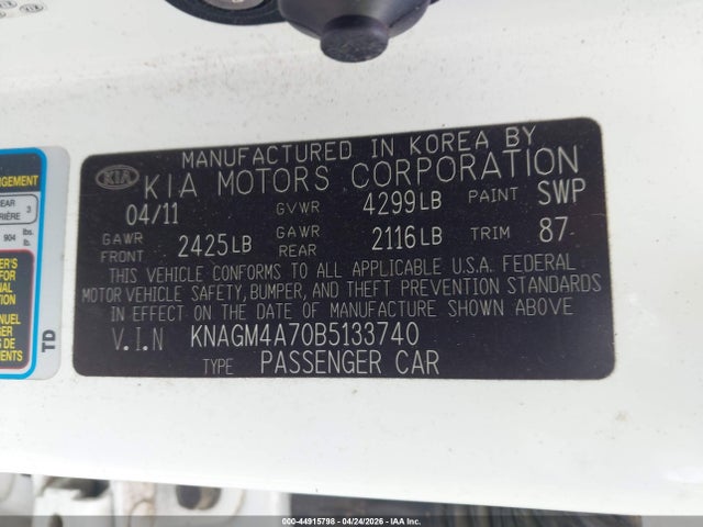 Aukcja sprzedaży 2011 Kia Optima Lx, vin: KNAGM4A70B5133740, numer aukcji: 44915798