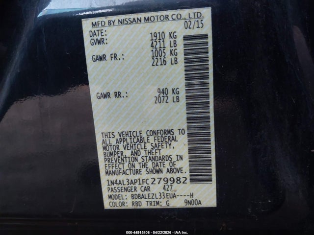 Nissan Altima 2.5 S 2015 1N4AL3AP1FC279982 Image 9