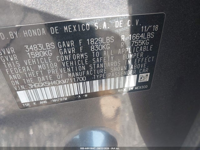 Aukcja sprzedaży 2019 Honda Fit Lx, vin: 3HGGK5H40KM711700, numer aukcji: 44915847