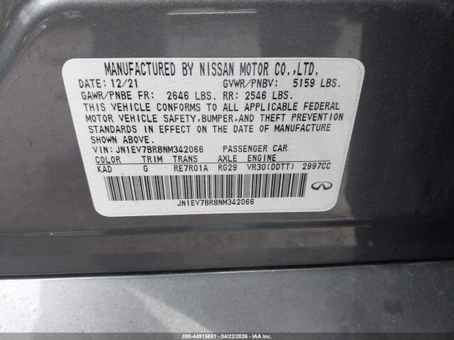 Aukcja sprzedaży 2022 Infiniti Q50 Luxe Awd, vin: JN1EV7BR8NM342066, numer aukcji: 44915851