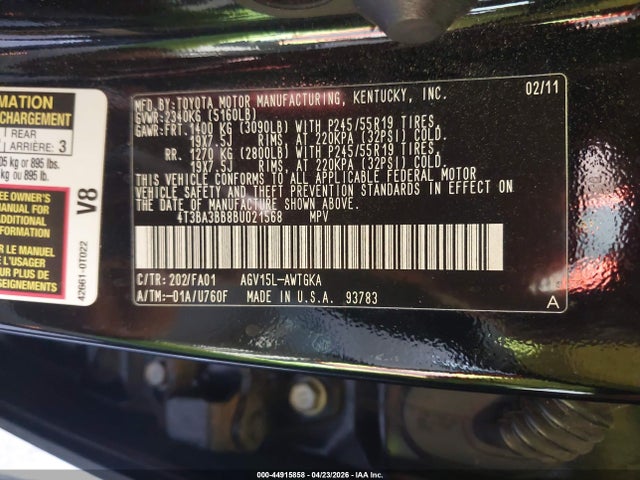 2011 Toyota Venza მანქანა იყიდება აუქციონზე, vin: 4T3BA3BB8BU021568, აუქციონის ნომერი: 44915858