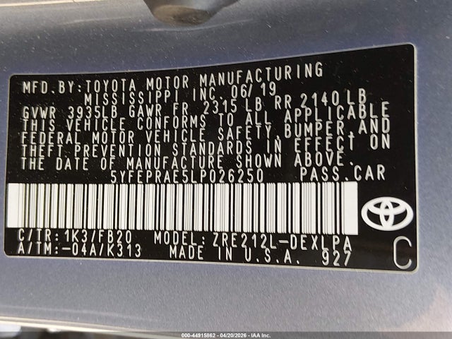 Toyota COROLLA LE 2020 5YFEPRAE5LP026250 Image 9