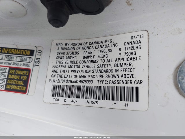 Aukcja sprzedaży 2013 Honda Civic Lx, vin: 2HGFG3B55DH525090, numer aukcji: 44915911