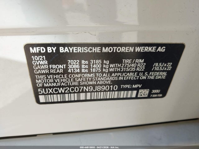 2022 Bmw X7 Xdrive40i მანქანა იყიდება აუქციონზე, vin: 5UXCW2C07N9J89010, აუქციონის ნომერი: 44915955